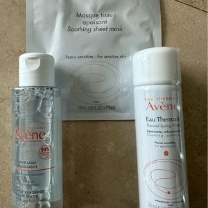 Avene travel size thermal spring water, makeup remover, & soothing sheet mask